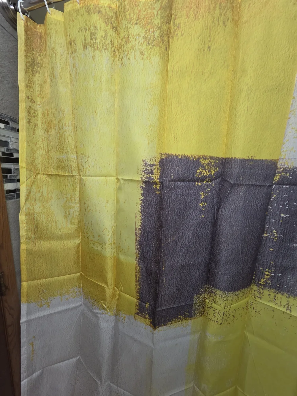 Water Resistant Fabric Shower Curtain With Yellow And Gray Abstract Print
